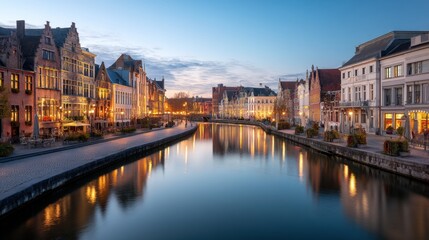 Obraz premium Historic European city with illuminated buildings lining a tranquil canal at dusk. Beautiful night cityscape for travel, tourism, and architecture concept.
