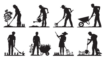 Fototapeta premium Gardener Silhouettes in Various Gardening Activities in Black and White Illustration for Horticulture
