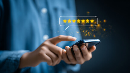 Person in blue shirt holding smartphone with five yellow stars in speech bubble five stars