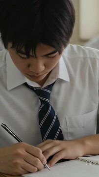 教室でノートをとって集中して勉強する、シャツとネクタイ姿の男子高校生（縦型動画）