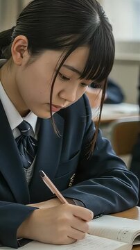教室でノートをとって集中して勉強する、制服姿の女子高校生（縦型動画）