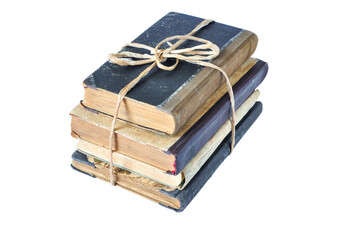 Isolated old books tied with string on transparent background, ancient books in pile, PNG, transparent  