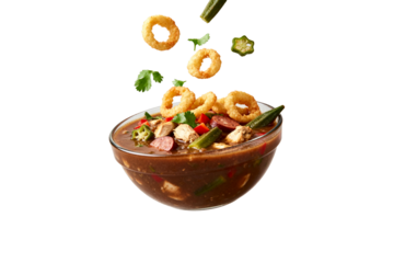 [Transparent Background PNG]A Bowl of Spicy Gumbo with Floating Ingredients