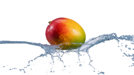 A ripe mango is floating in a pool of water. The water is blue and the mango is red