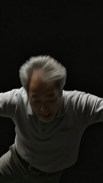 シニア男性が、暗黒区間を落ちてくる、人生転落のイメージ（縦型動画）