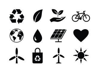 Eco icon set. eco movement, solid icon set of recycling, sustainability, environmental conservation, green energy, eco-friendly practices, nature protection, clean planet, and renewable resources 