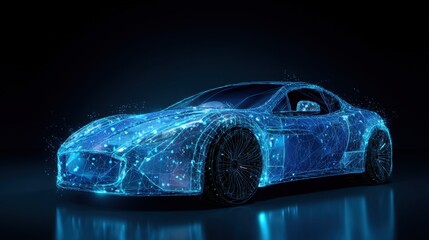 Blue digital wireframe car on dark background. Futuristic autonomous vehicle technology showcase and smart transportation concept. Automotive design.