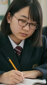 教室で先生の話を聞きながらノートをとって勉強する、女子中学生（縦型動画）
