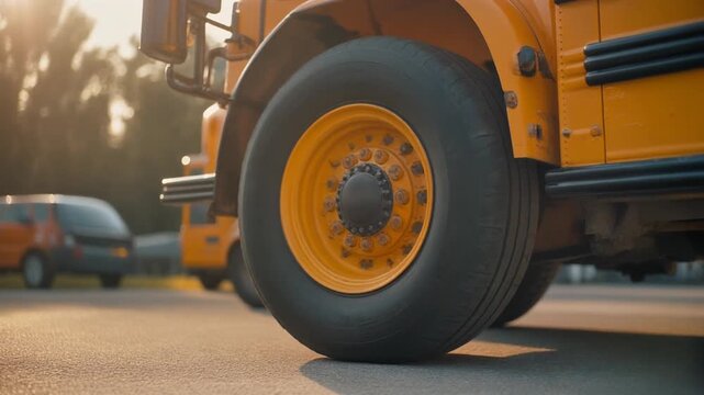 Back to School Transportation Concept With School Bus Wheel Close-Up
