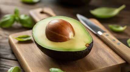 Freshly cut avocado on wooden board