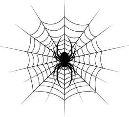 Eerie Black Spider Silhouetted on Intricate Web Design Halloween Graphic Element Spooky Arachnid Art