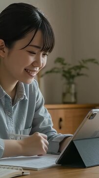 自宅でタブレットPCで勉強を楽しむ、女子高校生（縦型動画）