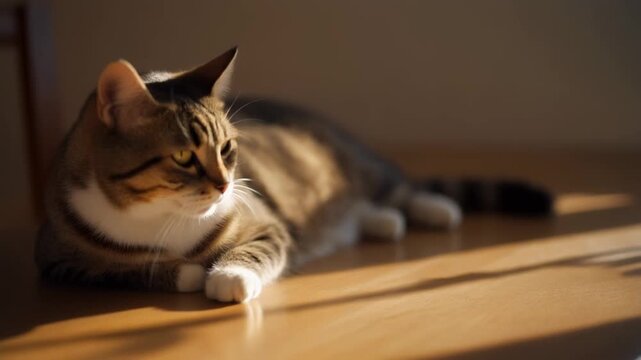 Cute tabby cat lying on a warm wooden floor and basking in the golden hour sun. A sequence of three frames showing a relaxed domestic pet enjoying a quiet moment indoors