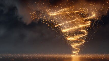 Golden swirling vortex of light particle and energy on dark background. Abstract digital tornado, hurricane, powerful stream of electrical sparks.