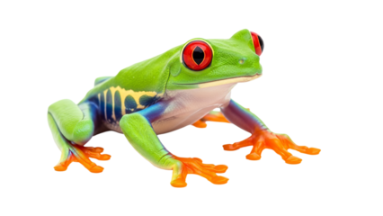 Colorful frog with red gills and blue body. The image is clear and detailed. These frogs are likely from the Dendrobates genus.