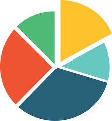 Obraz premium Vibrant Five-Section Pie Chart Graphic with Different Colored Segments Representing Data Analysis, Business Statistics, Market Share Distribution, and Financial Reporting Isolated on Black Background
