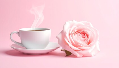 Aromatic cup of beverage emits steam, set beside a delicate, pink rose on a soft, monochromatic background