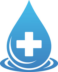 Fototapeta premium Clean Water Drop Icon with Medical Health Plus Sign Symbol for Hydration, Hygiene, Sanitation, or First Aid Service Concept on Black Background, Vector Graphic Illustration
