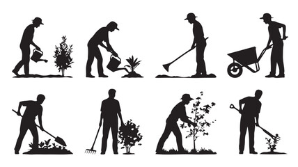 Naklejka premium Gardener Silhouettes in Various Gardening Activities with Garden Tools in Black and White Illustration for Landscaping