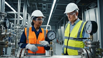 Two engineers in safety helmets and vests discussing industrial processes in a modern factory setting. - Powered by Adobe