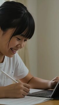 自宅でタブレットPCで楽しそうに勉強する、半袖Tシャツ女子小学生（縦型動画）