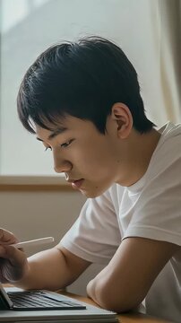 自宅でタブレットPCで勉強する、白いTシャツの男子中学生（縦型動画）