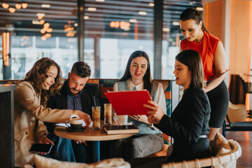 A diverse group of colleagues and friends gather at a cafe table, discussing documents and sharing a red folder, capturing teamwork and casual business collaboration in a warm setting.