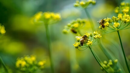 Obraz premium Tiny bees pollinating fresh herb blossoms, showcasing detailed pollen grains against a soft bokeh background.