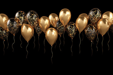 a collection of black and gold balloons with gold glitter float against a stark black background creating an elegant festive atmosphere