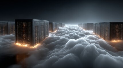 Immersive data center servers rise from ethereal clouds, showcasing futuristic digital infrastructure and advanced technology