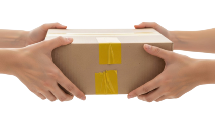 Two hands exchanging a brown cardboard delivery box sealed with yellow tape. This represents shipping, receiving, and secure parcel transfer concept. Isolated on black for versatile use.