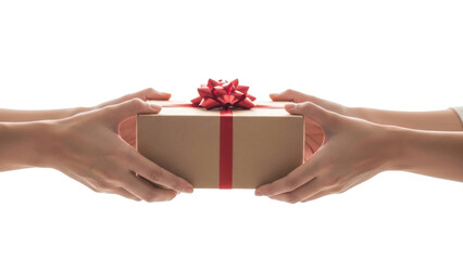 Naklejka premium Two human hands exchanging a wrapped gift box, featuring brown kraft paper, a vibrant red ribbon, and a festive bow isolated on black.