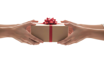Two human hands exchanging a wrapped gift box, featuring brown kraft paper, a vibrant red ribbon, and a festive bow isolated on black.