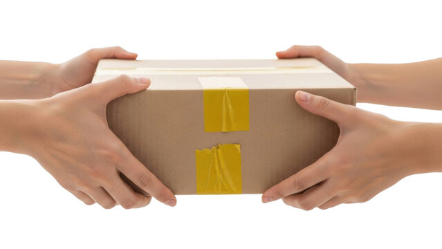 Two hands exchanging a brown cardboard delivery box sealed with yellow tape. This represents shipping, receiving, and secure parcel transfer concept. Isolated on black for versatile use.
