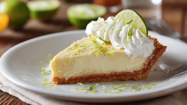Slice of key lime pie on a white plate with whipped cream and lime zest. Classic dessert for celebrations, menu design or culinary blog.