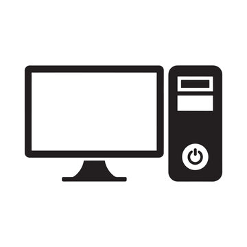 Simple black and white icon of a computer monitor and tower setup