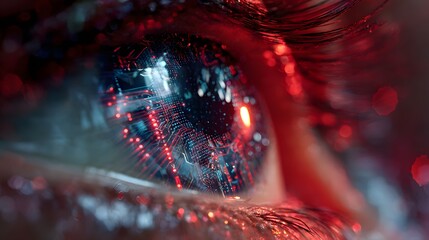 Macro View of a Cybernetic Eye Reflecting Futuristic Digital Data Streams.