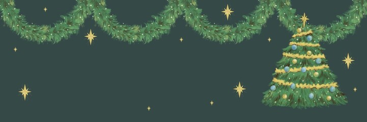 Christmas festive background with decorated fir tree and shining stars on green color