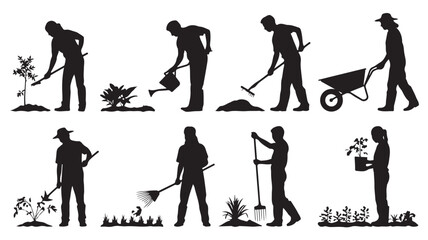 Fototapeta premium Farmer Silhouettes Gardening Activities Black Silhouettes Isolated on White Background for Agricultural Illustration