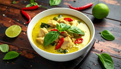Aromatic chicken curry, served in a white bowl, garnished with basil and chili slices. Lime wedges on a dark wooden surface complete the scene