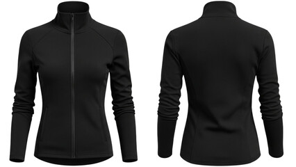 Black women's fleece jacket with zip front and high collar isolated on transparent background