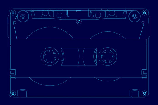 Blueprint outline of a cassette tape on a solid blue background. The clean white contour creates a retro technical schematic of an audio recorder.