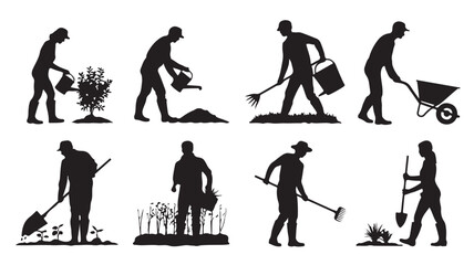 Obraz premium Gardener Silhouettes in Various Gardening Activities with Black and White Illustration for Agricultural Use