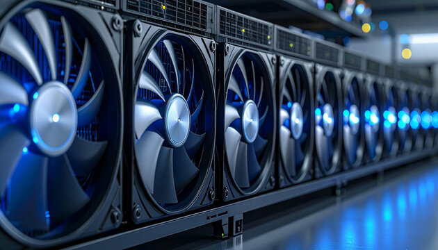 A row of powerful computer server fans with blue LED lights, indicating advanced technology and cooling systems. - Powered by Adobe