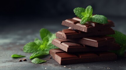 Dark chocolate bar pieces stack with fresh mint leaf. Sweet dessert for confectionery product menu and food blog.