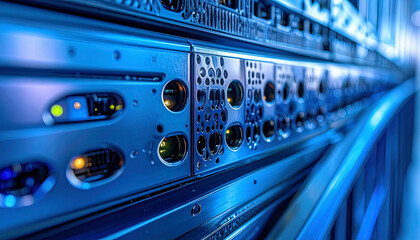 Close-up view of a server rack with blinking lights and intricate details in a data center.