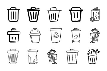 Hand drawn recycle icon and trash symbol. Collection of recycling symbols and trash cans. Bin icon set. Trash can collection. Vector illustration of hand drawn recycling sign. 