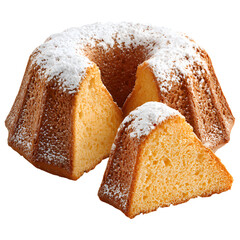 Bundt cake with powdered sugar and slic isolated on transparent background.