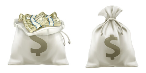 White money bag full of dollar banknote stacks, financial banking investment profit, wealth...
