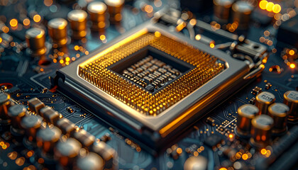 Close-up view of a golden computer processor socket on a blue circuit board with glowing orange lights.